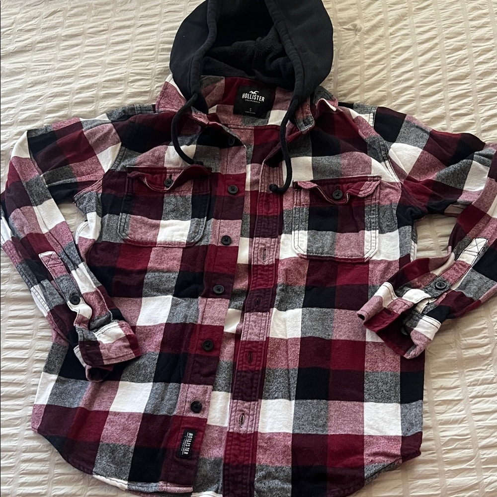 Hollister Men’s Burgundy, Black & White Plaid Hooded Button-Down Shirt